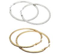 Lot de 2 paires de grandes créoles pour femmes, boucles d'oreilles de 8 cm avec strass en cristal, modèles remarquables, finition dorée et argentée