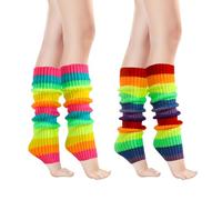 Lot de 2 paires de jambières arc-en-ciel pour femme, jambières fluo tendance des années 80, chaussettes longues LGBT pour déguisement de fête à thème rétro