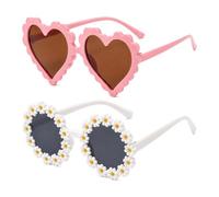 Lot de 2 paires de lunettes de soleil d'été en forme de cœur et de fleur | Deux paires en forme de cœur et de fleurs amusantes - Cadre léger pour les petits visages - Pour les journées à la plage