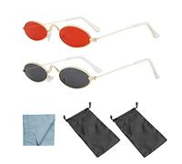 Lot de 2 paires de lunettes de soleil rétro hippie ovales avec cadre en métal, unisexe, 2 sacs de rangement étanches pour lunettes, 2 chiffons de nettoyage en microfibre, Gris, rouge., 132*28mm