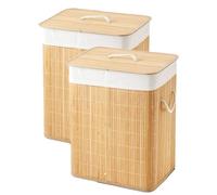 Lot de 2 panier à linge 60 L en bambou naturel, corbeille de rangement avec couvercle et sac en tissu blanc - Longueur 40 x Profondeur 30 x Hauteur 50 cm - JUANIO -