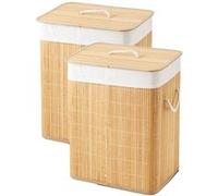 Lot de 2 panier à linge 60 L en bambou naturel, corbeille de rangement avec couvercle et sac en tissu blanc - Longueur 40 x Profondeur 30 x Hauteur 50 cm - JUANIO - G