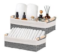 Lot de 2 Panier de Rangement, Corbeille Tressé Rectangulaire Panier Rangement Salle de Bain Panier de Rangement Tissé en Corde de Papier Grand+Petit avec Anse pour Salle de Bain, Salon (Gris)