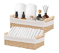 Lot de 2 Panier de Rangement, Corbeille Tressé Rectangulaire Panier Rangement Salle de Bain Panier de Rangement Tissé en Corde de Papier Grand+Petit avec Anse pour Salle de Bain, Salon (Beige)