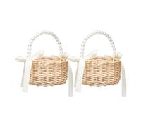 Lot de 2 paniers à fleurs tissés avec poignée, petit panier en rotin pour fille de fleurs avec nœud en ruban pour mariage