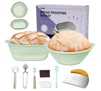 Lot de 2 Paniers à Pain, 10inch Paniers Ovales et 9inch Paniers Ronds, Kits de Démarrage Pliables Silicone avec Fouet à Pâte/Coupeur/Grattoir/Pinceau à Badigeonner pour Boulangers Pâtisserie