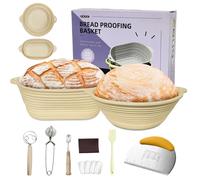Lot de 2 Paniers à Pain, 10inch Paniers Ovales et 9inch Paniers Ronds, Kits de Démarrage Pliables Silicone avec Fouet à Pâte/Coupeur/Grattoir/Pinceau à Badigeonner pour Boulangers Pâtisserie