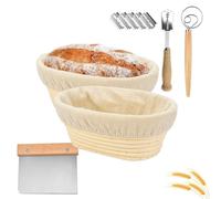 Lot de 2 Paniers à Pain de Ovales,Banneton en Rotin Naturel,Brotform Corbeille Fermentation Imperméabilité,avec Linen Fabric Doublure,Racleur,pour 750g de Pâte,Pizza et Pâtisserie au Levain,25x15 x8cm