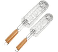 Lot de 2 paniers de barbecue en acier inoxydable, panier de barbecue portable, grille de barbecue pour feu de camp, accessoires de barbecue en plein air ronds pour barbecue extérieur