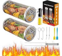 Lot de 2 paniers de barbecue roulants avec pulvérisateur d'huile pour légumes, viandes, poissons, portables