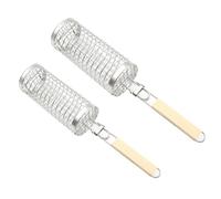 Lot de 2 paniers de cuisson en acier inoxydable anti-adhésif avec poignée en bois pour poisson, frites, viande, barbecue, pique-nique, camping