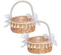 Lot de 2 paniers de demoiselle d'honneur en osier tissé 8 x 6, 5 cm avec poignée et nœud en ruban blanc pour Pâques, mariages, fête, pique-nique en plein air, décoration jardin, maison, osier ave