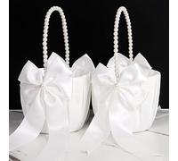 Lot de 2 paniers de fleurs blancs avec poignée en perles pour filles de fleurs