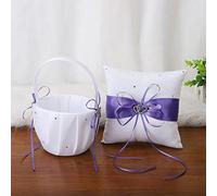 Lot de 2 Paniers de Mariage pour Fille de Fleur et Oreiller Porteur D'anneaux, Panier de Mariage en Satin Blanc avec Strass Double Cœur et Ensemble D'oreillers pour Alliances, Panier de(Violet)