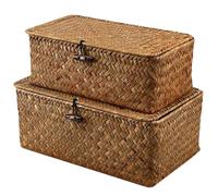 Lot de 2 paniers de rangement avec couvercle 25, 4 x 15, 2 x 10, cm et 22, 9 12, 7 7, 6 cm, paniers rangement en jonc mer fixés par fil, panier tissé avec serrure en bois pour ranger la décor