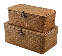 Lot de 2 paniers de rangement avec couvercle 25, 4 x 15, 2 x 10, cm et 22, 9 12, 7 7, 6 cm, paniers rangement en jonc mer fixés par fil, panier tissé avec serrure en bois pour ranger la décorat