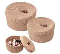 Lot de 2 paniers de rangement en corde de coton avec couvercle, panier de rangement tressé, ronds, panier de rangement multifonctionnel, pour collations, maquillage, etc. - Diamètre 28 x 16,5 cm et Ø