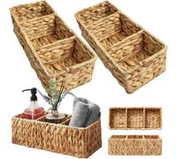 Lot de 2 paniers de rangement en jacinthe d'eau à 3 compartiments 14 x 6 x 4 cm, paniers rangement en jacinthe tissée, panier polyvalent rustique naturel pour papier toilette, serviette, parfum
