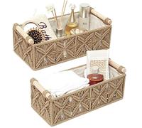 Lot de 2 paniers de rangement en macramé de style bohème pour organiser le plan de travail, panier à papier toilette pour réservoir de toilettes, panier d'étagère avec poignée pour décoration de salle