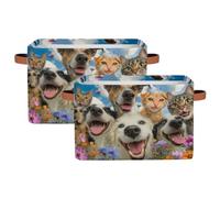 Lot de 2 paniers de rangement pliables pour étagères, placards, chiens et chats heureux sur un champ de fleurs, boîte de rangement en tissu pliable pour chambre à coucher, vêtements, salle de jeux