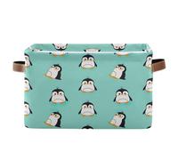 Lot de 2 paniers de rangement rectangulaires pliables avec poignée en cuir Motif pingouin Turquoise