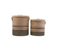 Lot de 2 paniers en cannage beige et gris, avec couvercle, 2 tailles, ronds - House Doctor, Laundry - Ø35xH40/50 cm