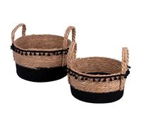 Lot de 2 paniers en fibre naturelle et pompons, avec poignées, Natural