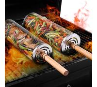 Lot de 2 paniers gigognes pour gril roulants, poignée en bois amovible, ensemble d'accessoires de barbecue en acier inoxydable, pour griller des légumes, poissons, crevettes, viande, frites, cadeaux
