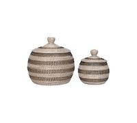 Lot de 2 paniers ronds en jonc de mer naturel, blanc et noir avec couvercles - FIORA -