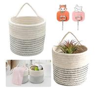 Lot de 2 paniers suspendus avec blanc et noir, 15 x 16 cm, panier mural en corde de coton tressé avec 2 crochets, pour aménagement intérieur, salon, cuisine, salle de bain