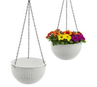 Lot de 2 paniers suspendus blancs aspect rotin - 23 cm - En plastique - Avec écoulement et chaîne en métal - Décoration de jardin - Pot de fleurs à suspendre