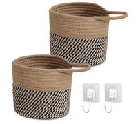 Lot de 2 paniers suspendus en corde de coton tressé - 15 x 16 cm - Avec poignée - Panier suspendu - Petit panier à suspendre - Pour cuisine, salle de bain, chambre à coucher, salon - Noir brunâtre