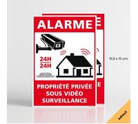 Lot de 2 panneaux alarme propriété privée sous vidéo surveillance 24h/24 panneau signalisation avec loi - Adhésif - 105 x 150 mm
