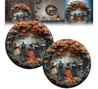 Lot de 2 panneaux de décoration murale en bois à suspendre pour porte d'Halloween, panneau de porte rond créatif en bois, motif de sorcière 2D, design unique avec cinq sorcières pour décoration de