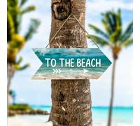 Lot de 2 panneaux en bois à suspendre en forme de flèche de 25,4 x 7,6 cm | Plaque murale « To The Beach » - Décoration d'intérieur - Impression HD avec grain de bois océan vintage