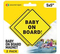 ASSURED SIGNS Lot de 2 panneaux magnétiques « Baby on Board » pour voiture, 12,7 x 12,7 cm - Autocollant magnétique essentiel pour pare-chocs - Jaune vif et réfléchissant - Meilleurs accessoires de