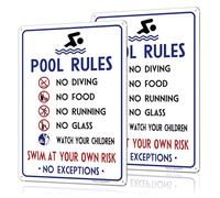 Lot de 2 panneaux « Pool Rules » - 24,6 x 35,2 cm - En aluminium 0,040 antirouille - Impression résistante à la décoloration - Pas de plongée, pas de course à pied, natation à vos risques et périls,