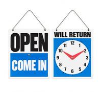 Lot de 2 panneaux réversibles double face « Open Come In » avec horloge Will Return Clock, panneau de porte d'affaires à suspendre avec temps de retour réglable, panneau de fenêtre de vitrine pour