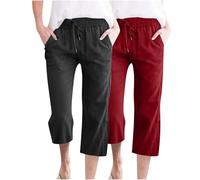Lot de 2 Pantacourt Femme Été en Lin Fluide Été Pantalons en Coton Lin Taille Haute Elastique Elegant Pantalon Court avec Cordon Ample Léger Décontracté Offre de Printemps Confortable Pants Pas Cher