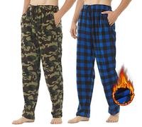 Lot de 2 Pantalon de Pyjama Homme en Polaire à Carreaux Hiver Bas de Pyjama Souple avec Poches Confortable Vêtements de Nuit, Plaid bleu noir + camouflage vert, L