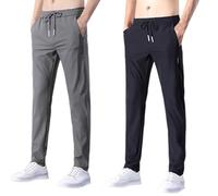 Lot de 2 pantalons de survêtement pour homme avec poches zippées - Pantalon de sport extensible - En soie glacée - Ourlet ouvert - Respirant - Séchage rapide, gris foncé, XXL