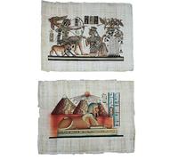 Lot de 2 Papyrus égyptiens authentiques faits à la main en Égypte - Pyramides de Gizeh avec Sphinx et couple de pharaons chassant - Art égyptien original décoratif 33 x 43 cm