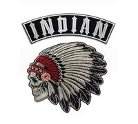 Lot de 2 Patches Biker Grand Dos - Skull Indian + Top Rocker 28x9 cm - Écussons Moto Thermocollants Iron-On pour Gilet Blouson Moto