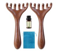 Lot de 2 peignes de massage en bois avec huile et sac de rangement, 15 x 7 cm, peigne de massage méridien à 6 griffes, masseur pour tête de cuir chevelu, brosse à tête en bois pour homme et femme, cou