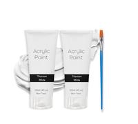 Lot de 2 peintures acryliques blanches de 120 ml avec pinceau bonus - Non toxique, qualité et couleurs vives pour artistes - Parfait pour le bois, le tissu, l'artisanat, la toile, le cuir, la pierre