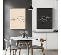 Lot de 2 peintures murales « Good Morning, Good Night » de style minimaliste, beige et noir, 30 x 40 cm, tableaux muraux pour salon, chambre à coucher (sans cadre)