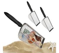 Lot de 2 pelles en maille de plage en acier inoxydable, tamis à dents de requin en métal, poignée noire, cuillère à sable pour reptiles, outil de collecte de coquillages de plage pour tamiser les
