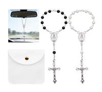 Lot de 2 pendentifs de rétroviseur de voiture motif Saint Christophe avec chapelet et croix, accessoires de voiture, pour intérieur, avec pochette cadeau en velours, idée cadeau