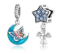 Lot de 2 perles d'espacement en argent sterling 925 avec motif animal, cœur, aile et porte-bonheur pour bracelets Pandora, pendentifs assortis pavés de zircones cubiques pour bracelets et colliers