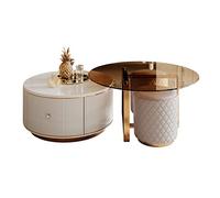 Lot de 2 petites tables basses rondes modernes pour salon, table basse circulaire avec dessus et tiroir uniques, grande et petite table centrale et table d'appoint moderne
